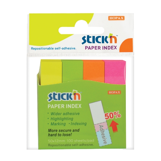Picture of Adhesive Paper Index Tabs: 50mm X 12mm Neon 4 Pads